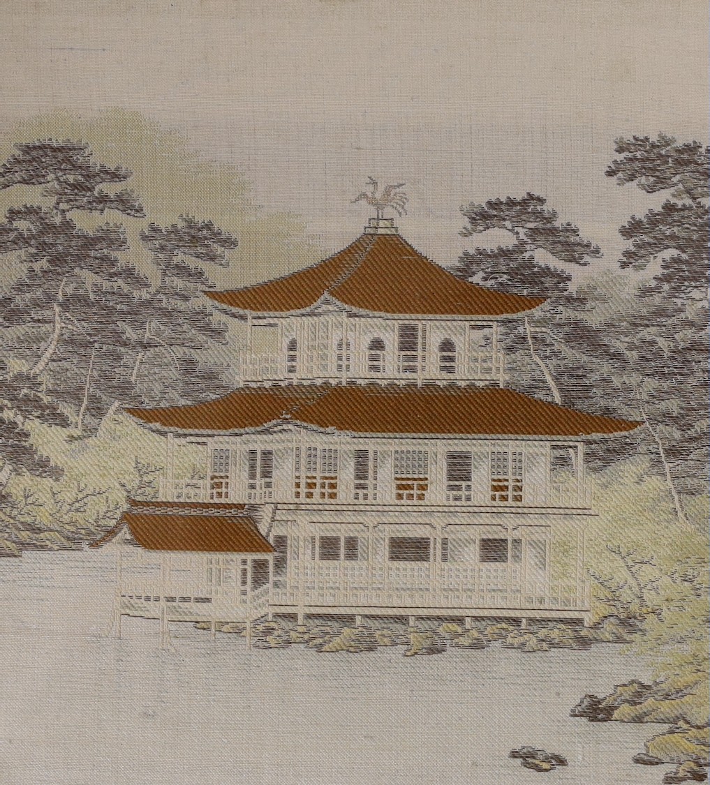 A set of six Japanese silk woven architecture scenes in painted lacquered framed, 25 x 24cm